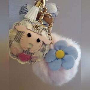 Bag Charm OF 3!! Keyring with Minnie POMPOM, 2 Sheep charms, Checkered Strap